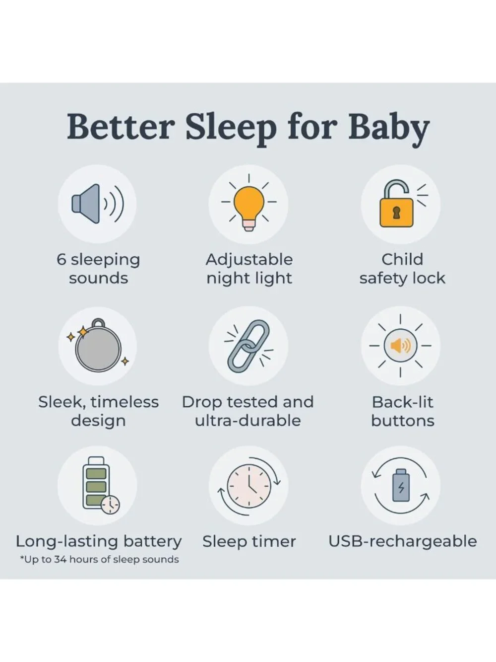Portable Sound Machine for Baby & Kids, Night Light, 6 Soothing Sounds, Timer